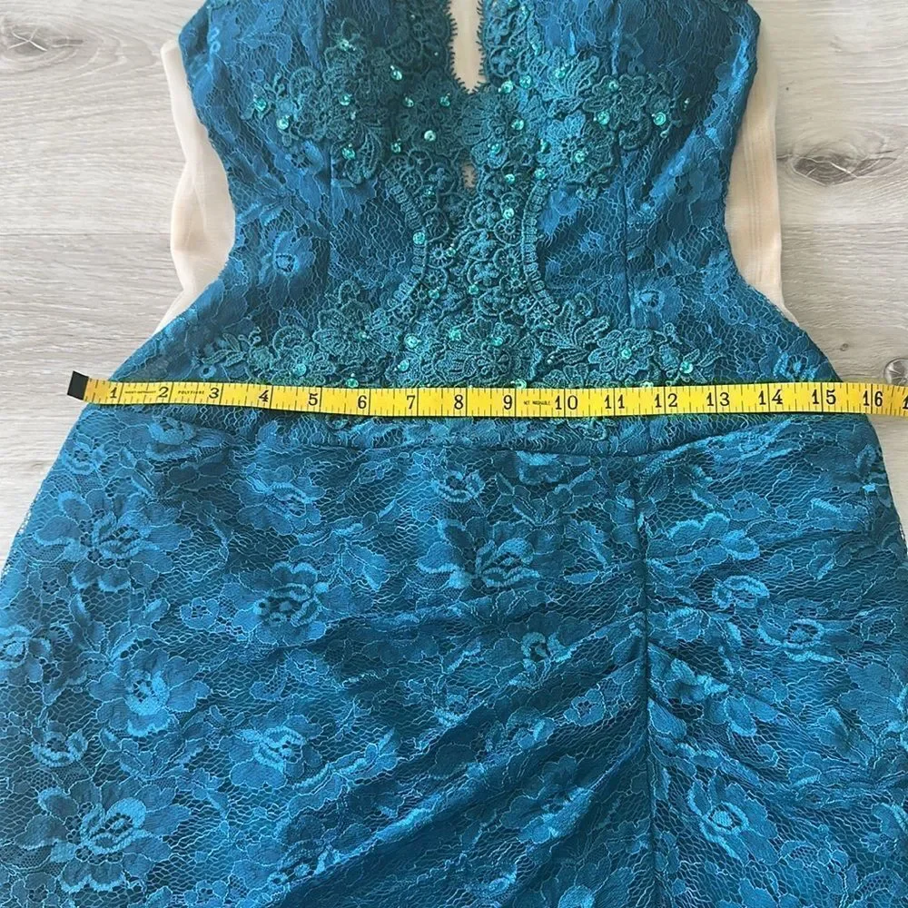 Elegant Lace and Sequined Dress Teal/Nude NWOT